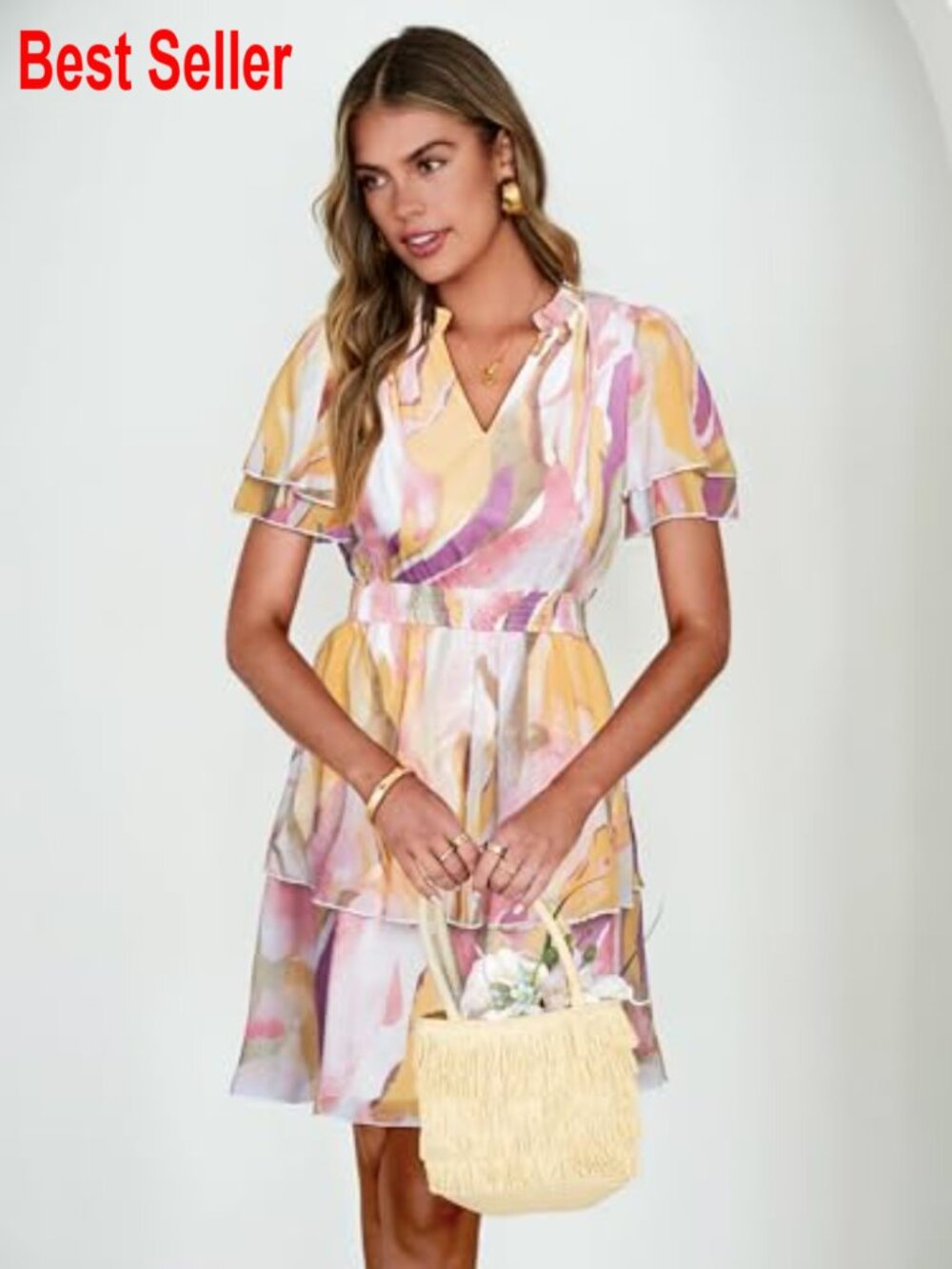 Chiffon Floral Mini Dress V Neck Short Sleeve Empire Waist Tiered - Picture 5 of 7